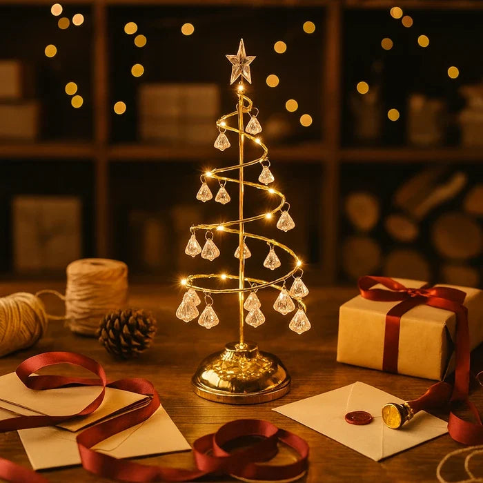 Verlichte kerstboom voor op tafel – open spiraal met glinsterende ornamenten