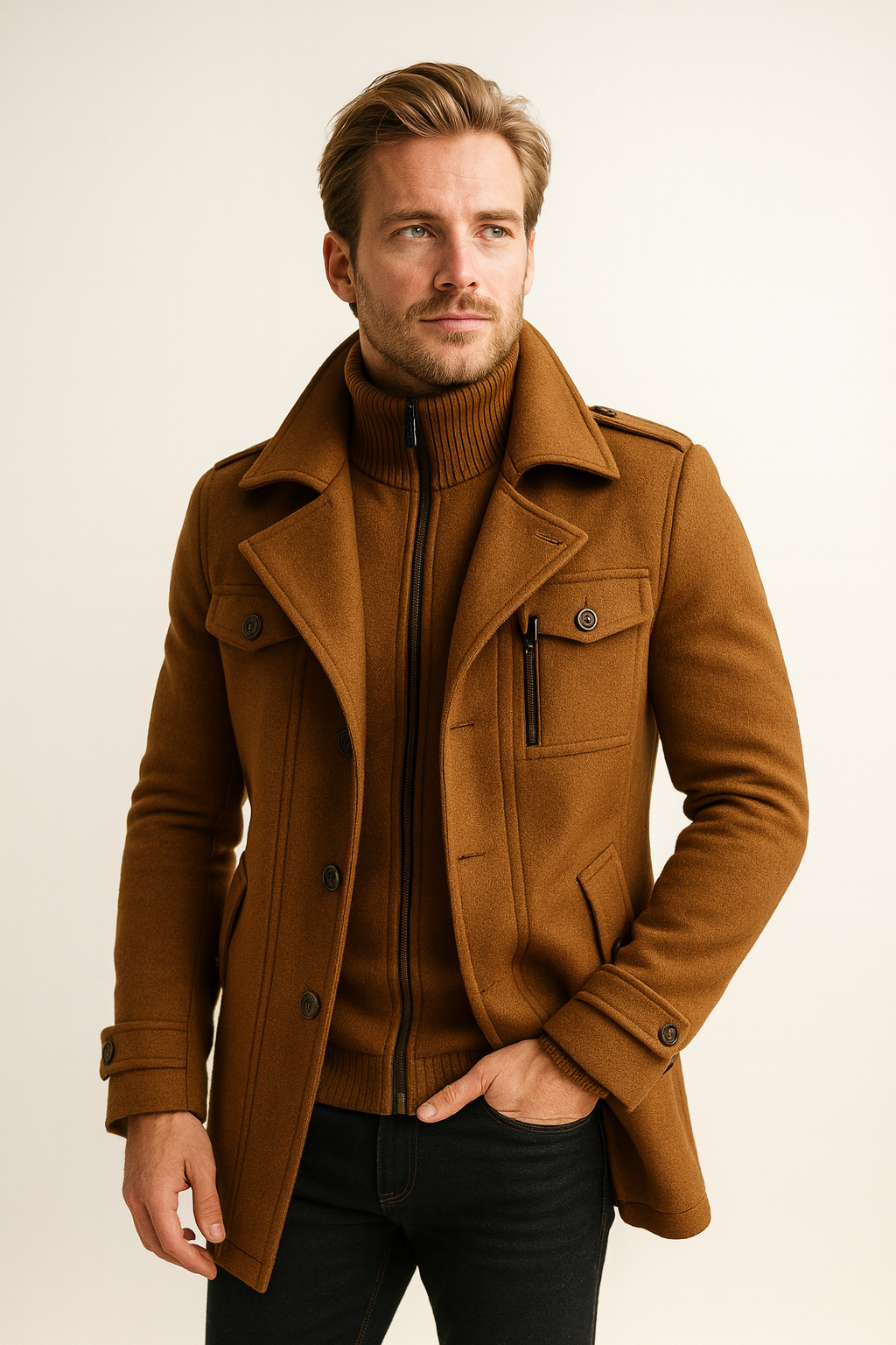 Men's long winter coat made of wool blend – double-breasted, tailored coat