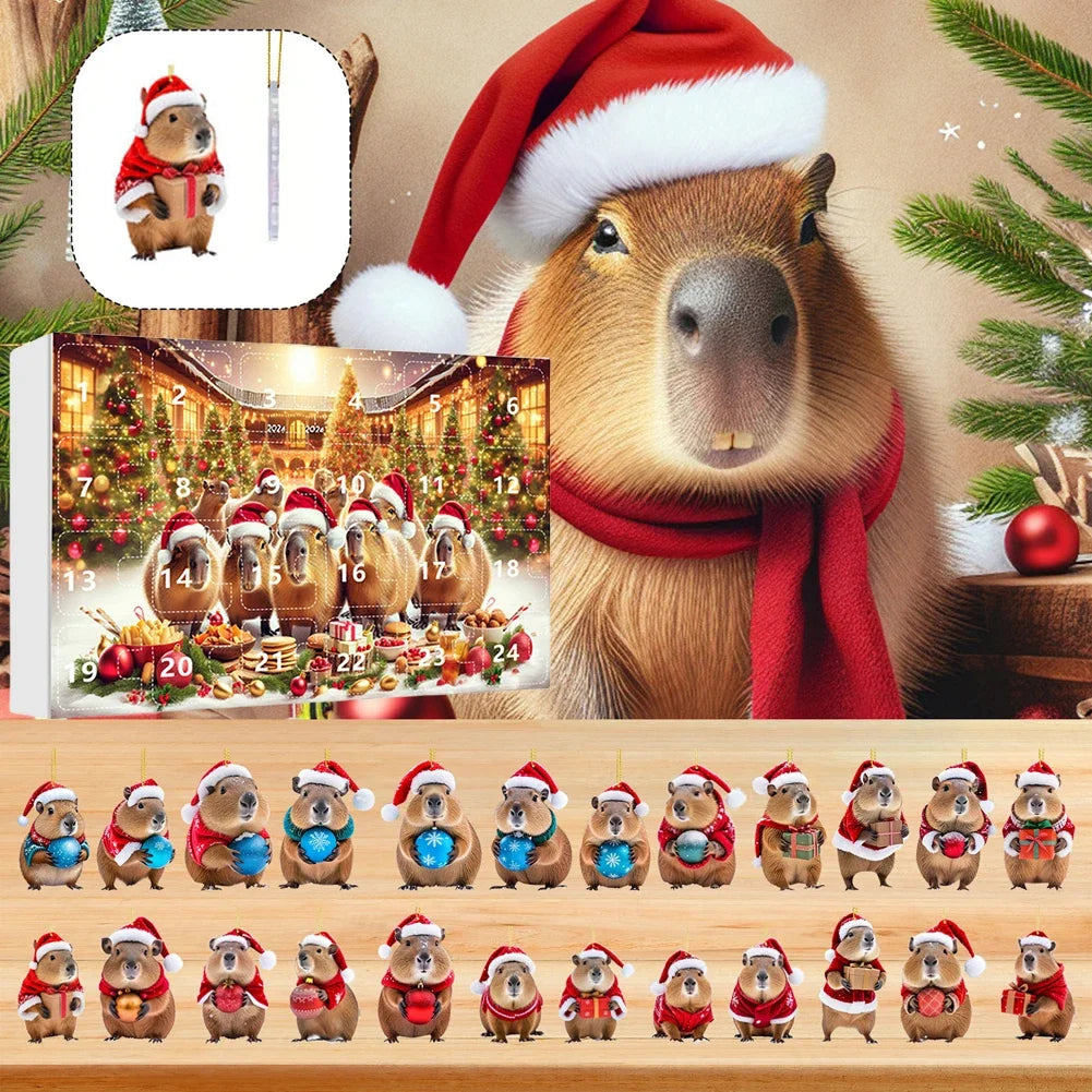 CapyJoy – Capybara adventskalender 2025 – 24 acryl kerstornamenten