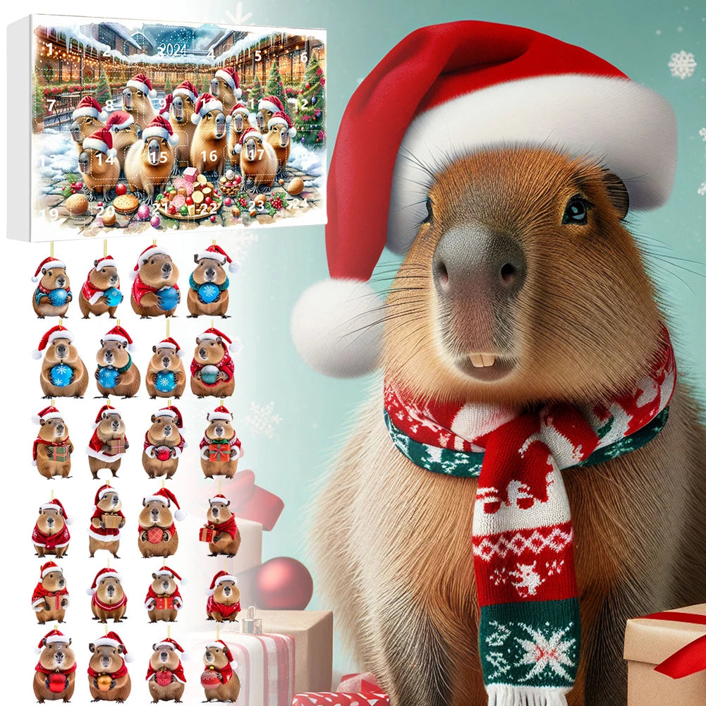 CapyJoy – Capybara adventskalender 2025 – 24 acryl kerstornamenten