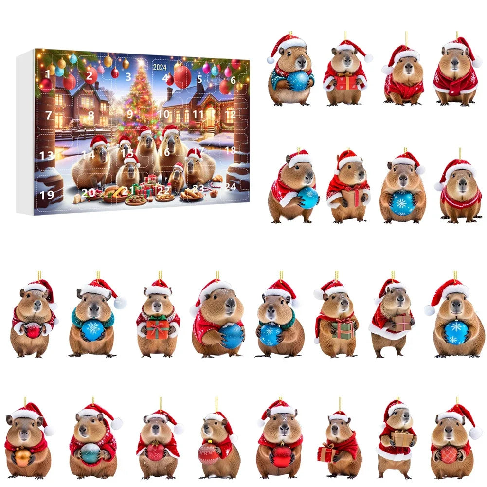 CapyJoy – Capybara adventskalender 2025 – 24 acryl kerstornamenten