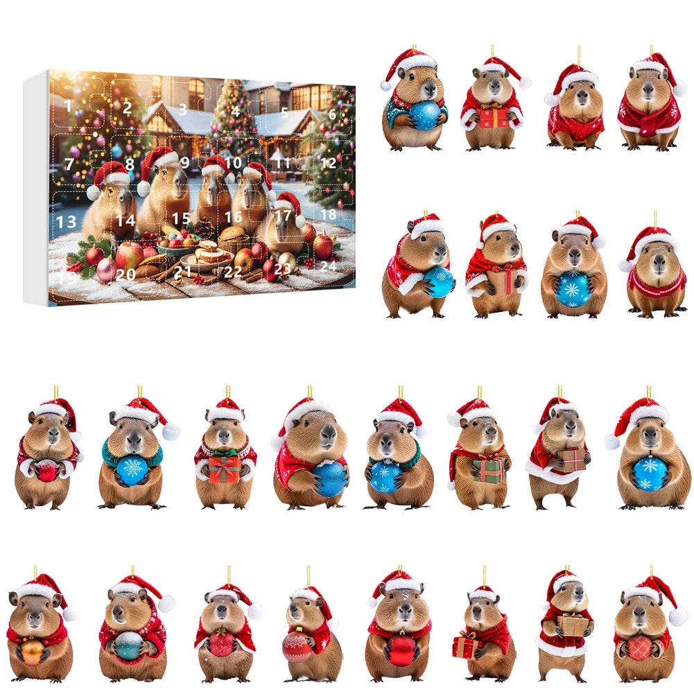 CapyJoy – Capybara adventskalender 2025 – 24 acryl kerstornamenten