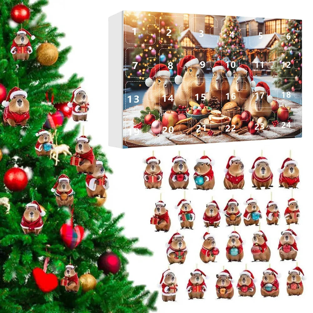 CapyJoy – Capybara adventskalender 2025 – 24 acryl kerstornamenten
