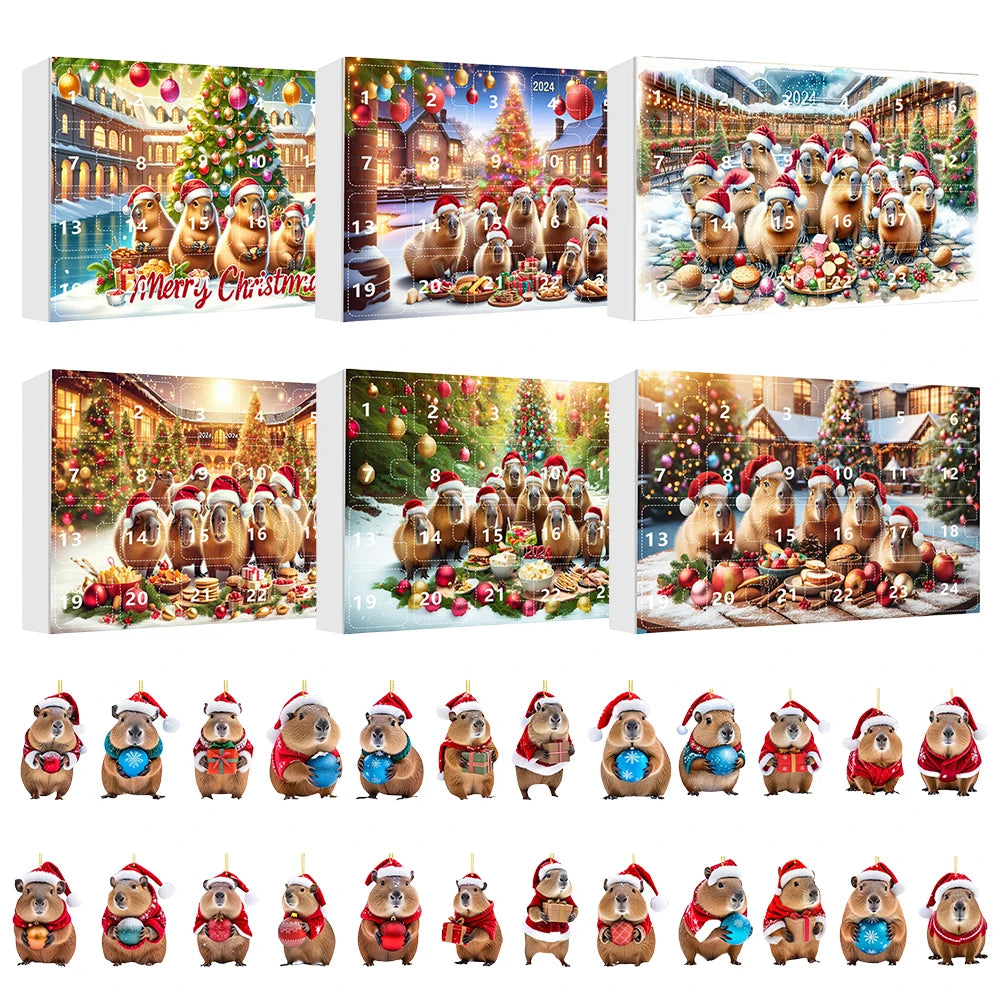 CapyJoy – Capybara adventskalender 2025 – 24 acryl kerstornamenten