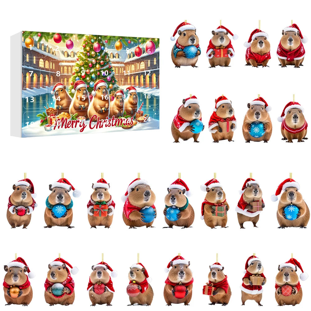 CapyJoy – Capybara adventskalender 2025 – 24 acryl kerstornamenten