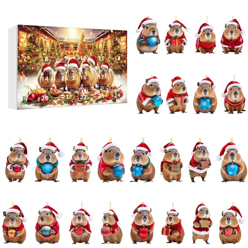 CapyJoy – Capybara adventskalender 2025 – 24 acryl kerstornamenten