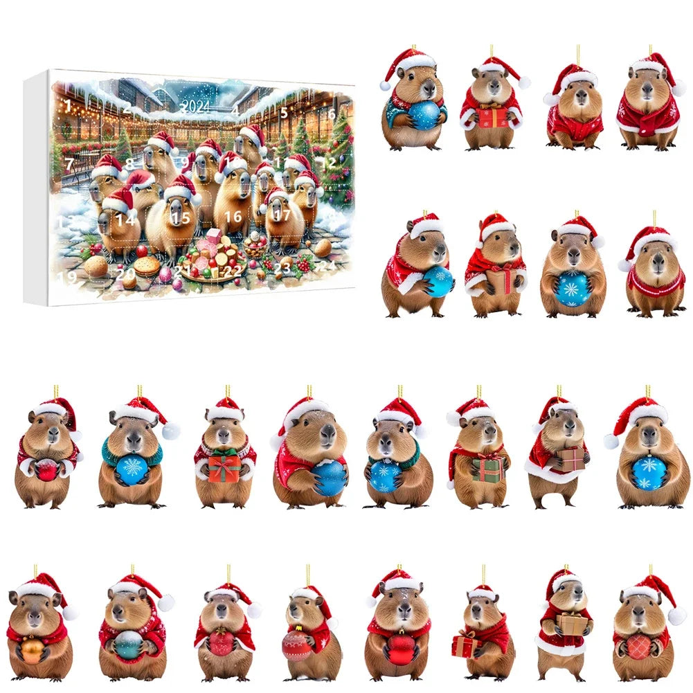CapyJoy – Capybara adventskalender 2025 – 24 acryl kerstornamenten