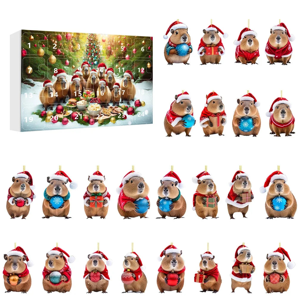 CapyJoy – Capybara adventskalender 2025 – 24 acryl kerstornamenten