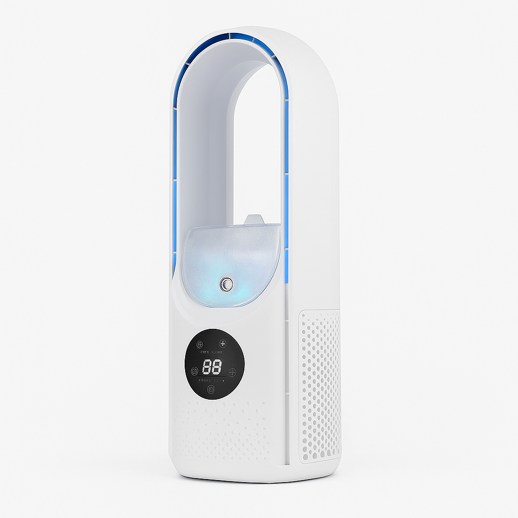 Enfriador de aire compacto sen láminas – Silencioso, seguro e portátil con USB e temporizador