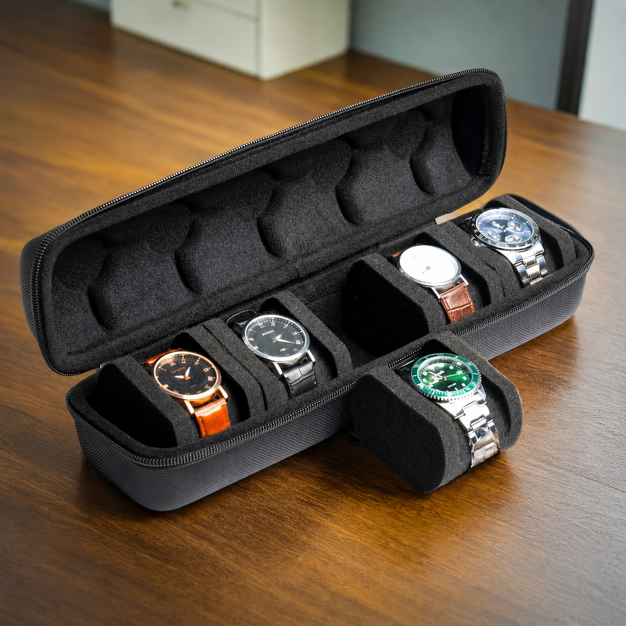 Travel Watch Case – 5-Slot Hard Shell Organizer with Soft Cushions Tevako