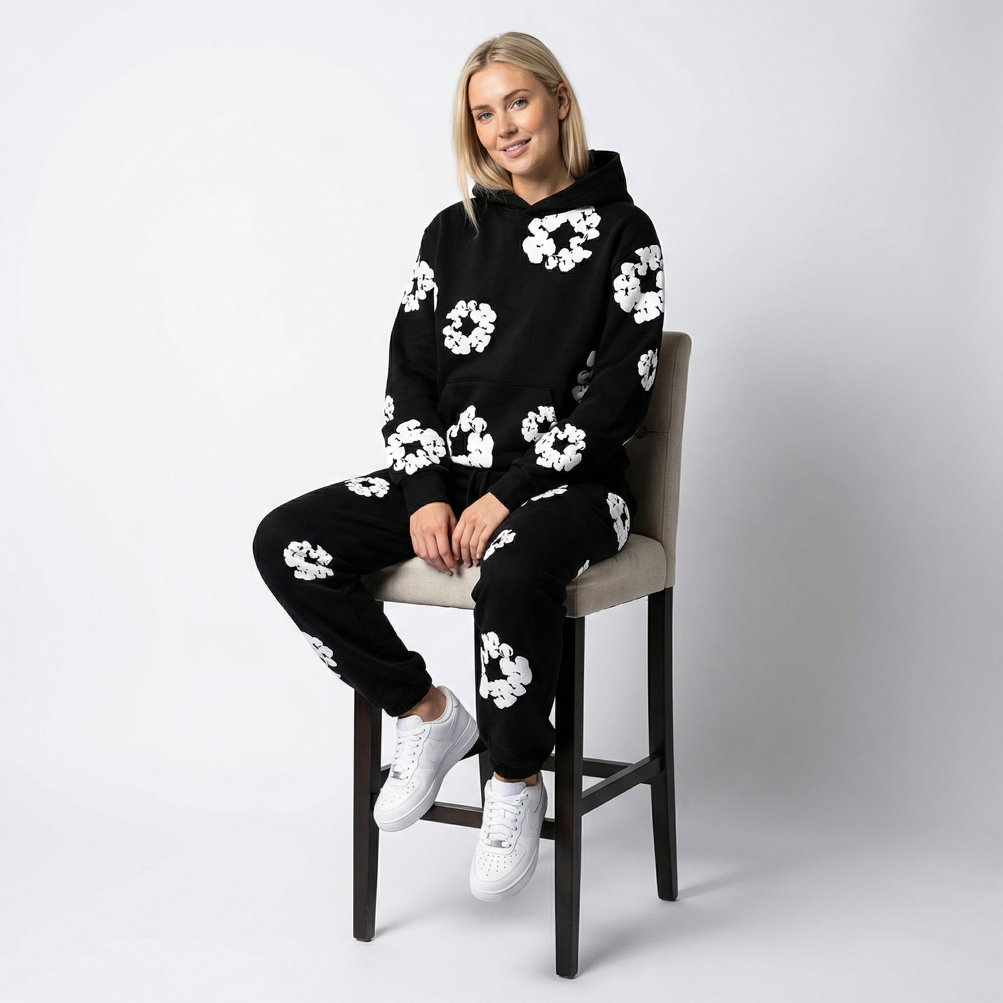 Chándal de mujer de 2 piezas – Sudadera con capucha y pantalón de jogging con estampado de flores