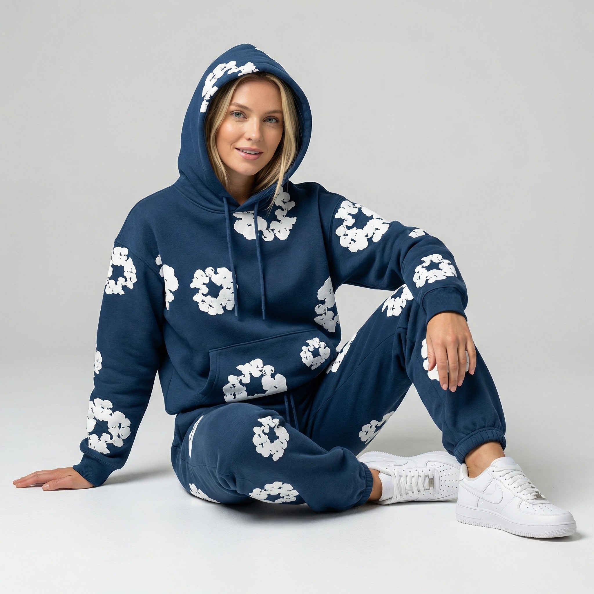 Chándal de mujer de 2 piezas – Sudadera con capucha y pantalón de jogging con estampado de flores