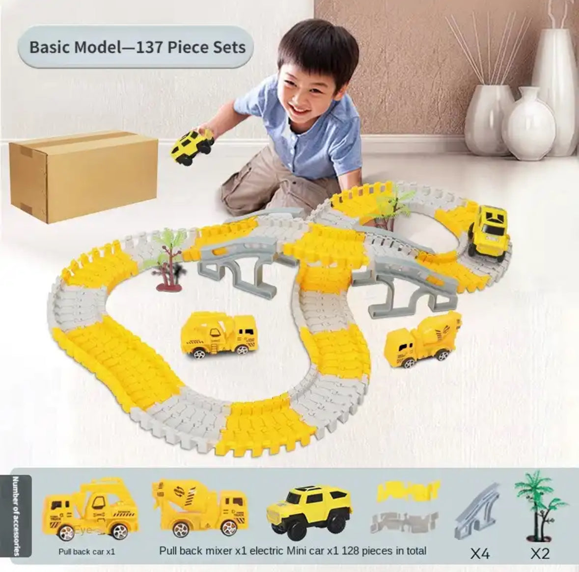 Melzano pista de carreres XXL flexible de lloc de construcció - Joc flexible amb vehicles de lloc de construcció