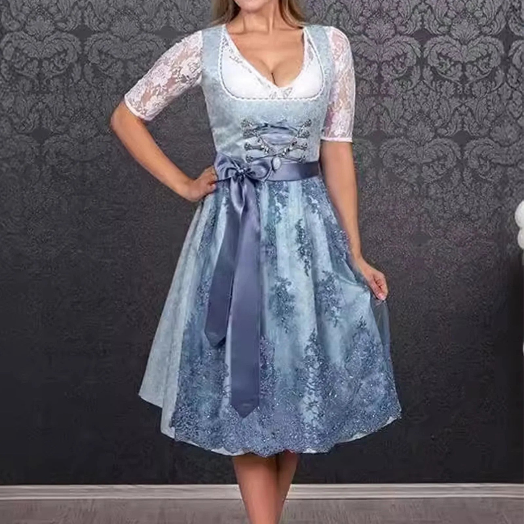 Dames dirndl jurk – traditionele feestjurk met vetersluiting en strikdetail