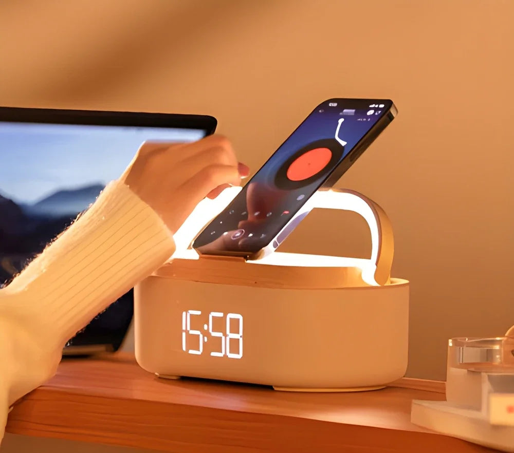 Luminix – carregador sense fils 5 en 1 amb rellotge altaveu llum – tauleta de nit