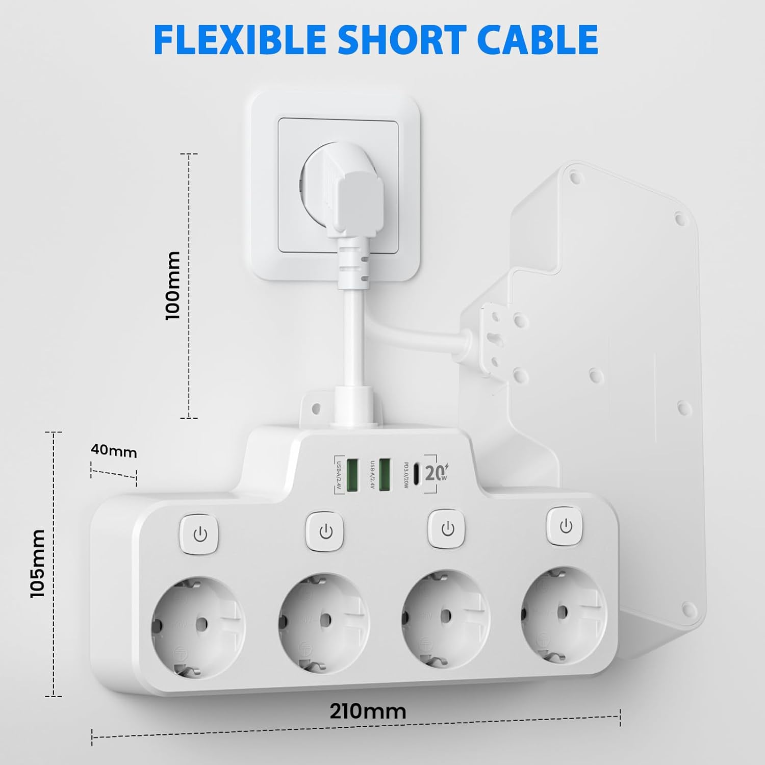 Drehbare Steckdosenleiste - Wandmontage Steckdosenleiste mit Unabhängigem Schalter - 2 USB A und 1 USB C