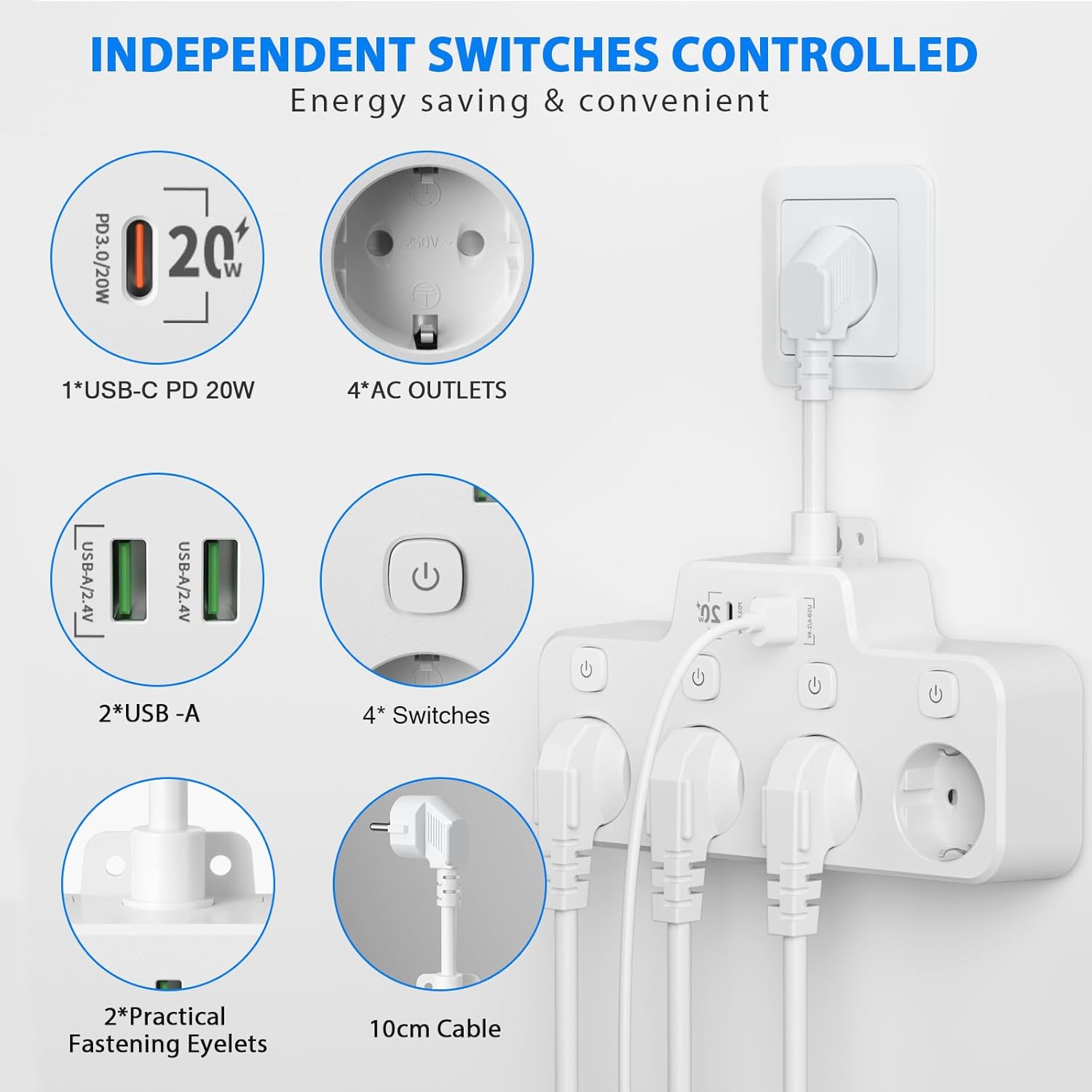 Drehbare Steckdosenleiste - Wandmontage Steckdosenleiste mit Unabhängigem Schalter - 2 USB A und 1 USB C