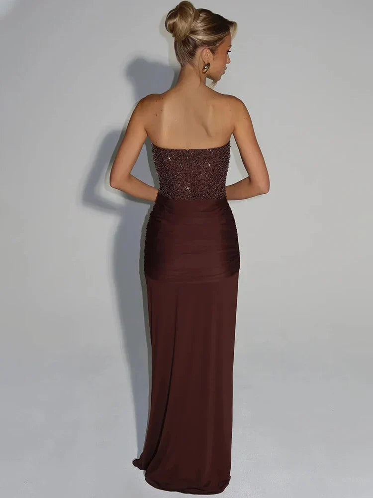 Elegancka Maxi Sukienka Bez Ramiączek Brokatowa Idealna Na Wesele 2