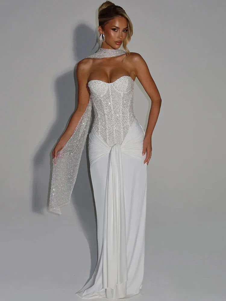 Elegancka Maxi Sukienka Bez Ramiączek Brokatowa Idealna Na Wesele 4