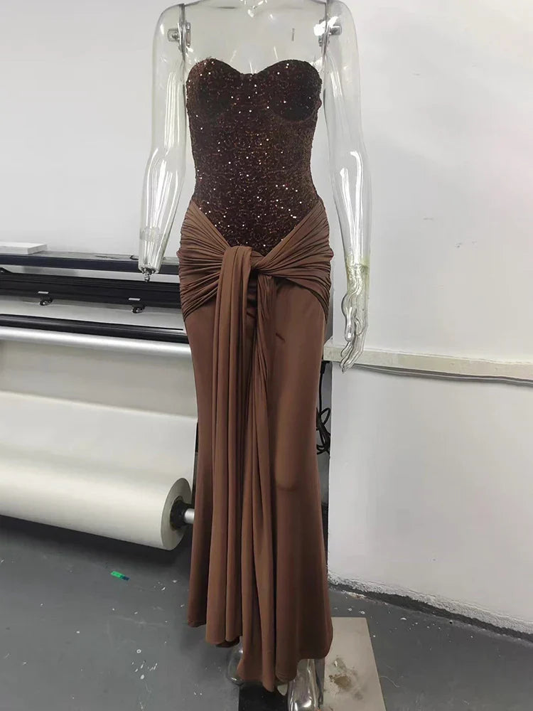 Elegancka Maxi Sukienka Bez Ramiączek Brokatowa Idealna Na Wesele 5