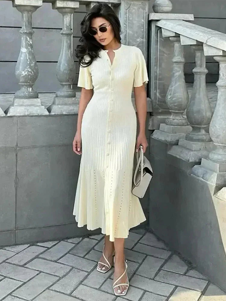 Elegancka Sukienka na Wesele z Dzianiny, Krótki Rękaw, Wysoka Talia 0
