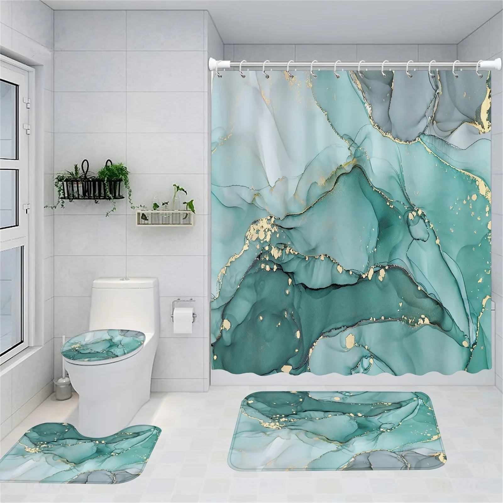 Elegantes Badezimmer-Set im Marmor-Stil mit Duschvorhang, U-förmiger Matte in Blaugrün und Gold 0