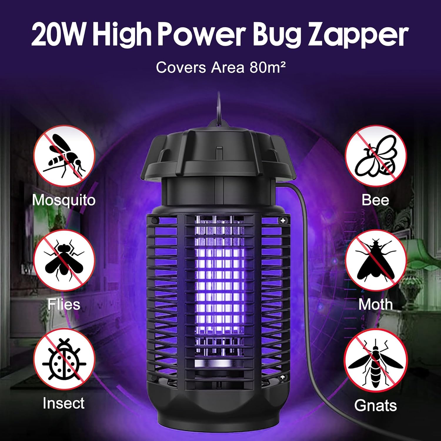 Elektrische Insectenverdelger met UV-Lamp 20W voor Binnen en Buiten tot 80 m² 1