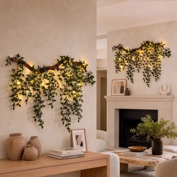 Wandtak met lichtjes – kunstbladeren en lampjes voor een kale muur in huis
