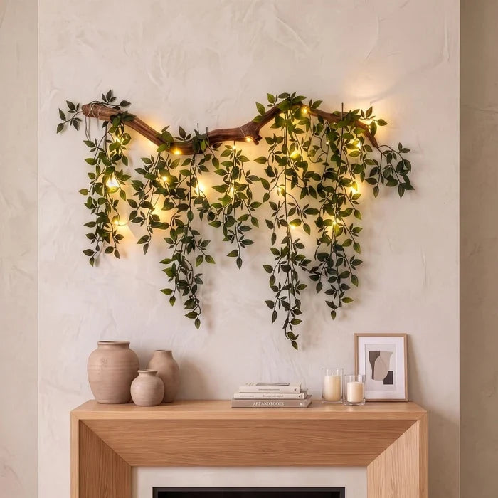 Wandtak met lichtjes – kunstbladeren en lampjes voor een kale muur in huis