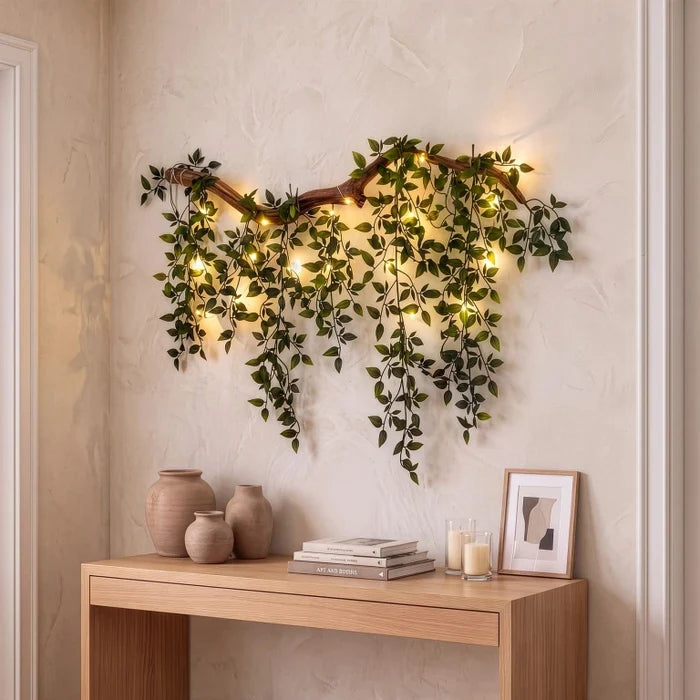 Wandtak met lichtjes – kunstbladeren en lampjes voor een kale muur in huis