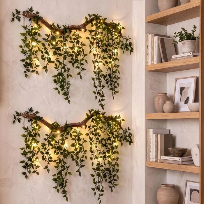 Wandtak met lichtjes – kunstbladeren en lampjes voor een kale muur in huis