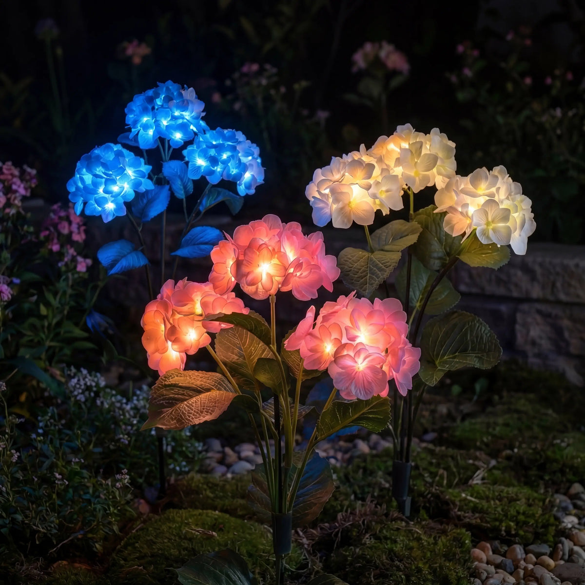 Tuinstekers hortensia – kunstbloemen met lichtjes die laden via de zon