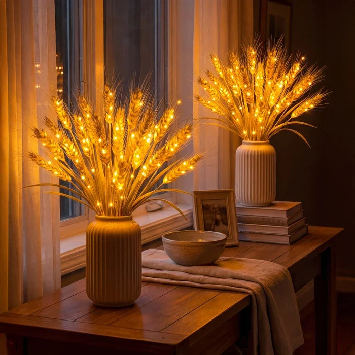 Tarwebundel met ledlicht – landelijke decoratie voor schouw, dressoir of plank