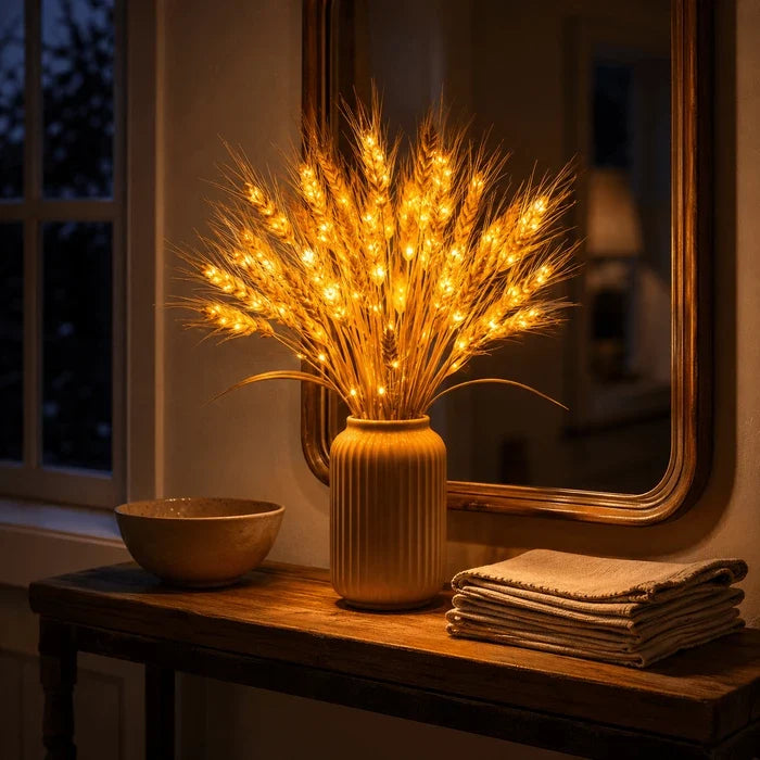 Tarwebundel met ledlicht – landelijke decoratie voor schouw, dressoir of plank