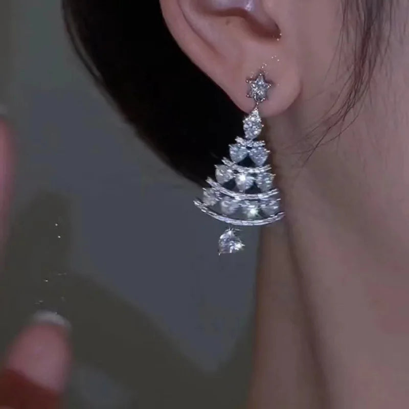 Pendientes llamativos brillantes Velanora para mujer en forma de árbol de Navidad con piedras de strass