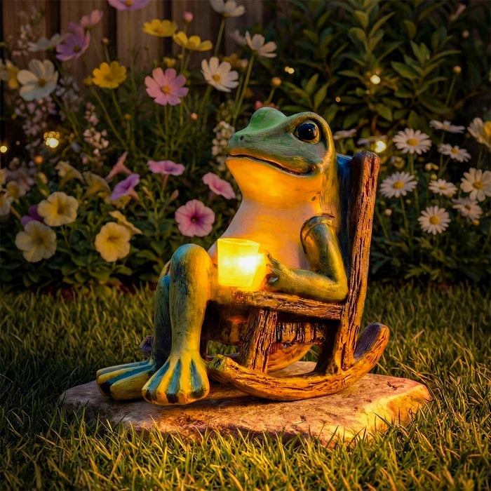 Lichtgevende kikker voor buiten – tuindecoratie die een gloeiend kopje vasthoudt