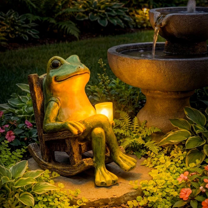 Lichtgevende kikker voor buiten – tuindecoratie die een gloeiend kopje vasthoudt