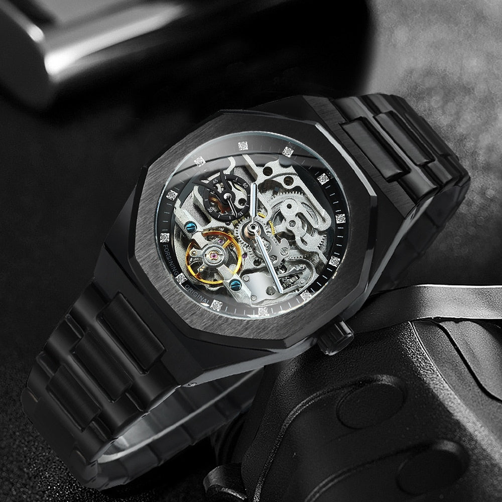 Revalki Reloj Automático Skeleton - Correa de Acero Inoxidable con Movimiento Mecánico Visible