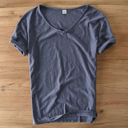 Camisa de lino y algodón para hombre con cuello en V