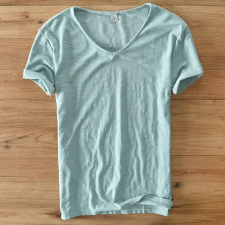 Camisa de lino y algodón para hombre con cuello en V