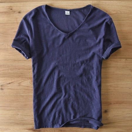 Camisa de lino y algodón para hombre con cuello en V