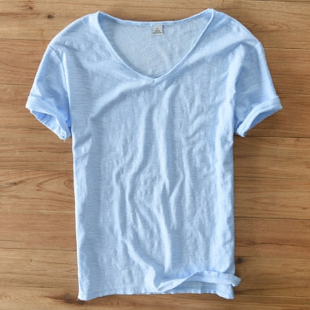 Camisa de lino y algodón para hombre con cuello en V
