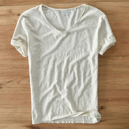Camisa de lino y algodón para hombre con cuello en V