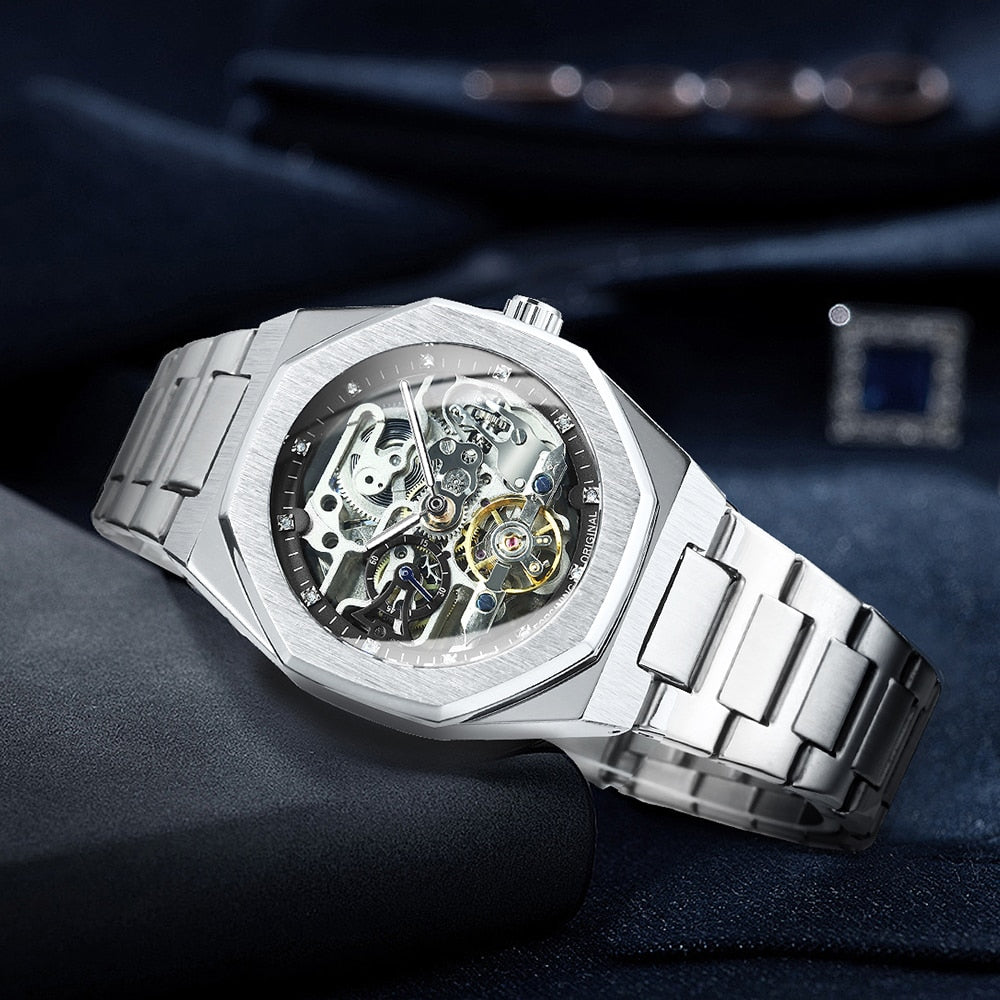 Revalki Reloj Automático Skeleton - Correa de Acero Inoxidable con Movimiento Mecánico Visible
