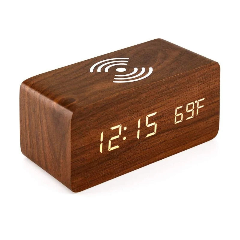 Woodline – Reloj despertador digital de madera con carga inalámbrica y 3 alarmas – dormitorio