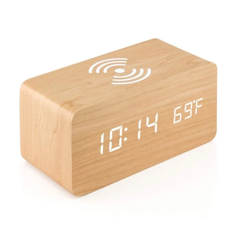 Woodline – Reloj despertador digital de madera con carga inalámbrica y 3 alarmas – dormitorio