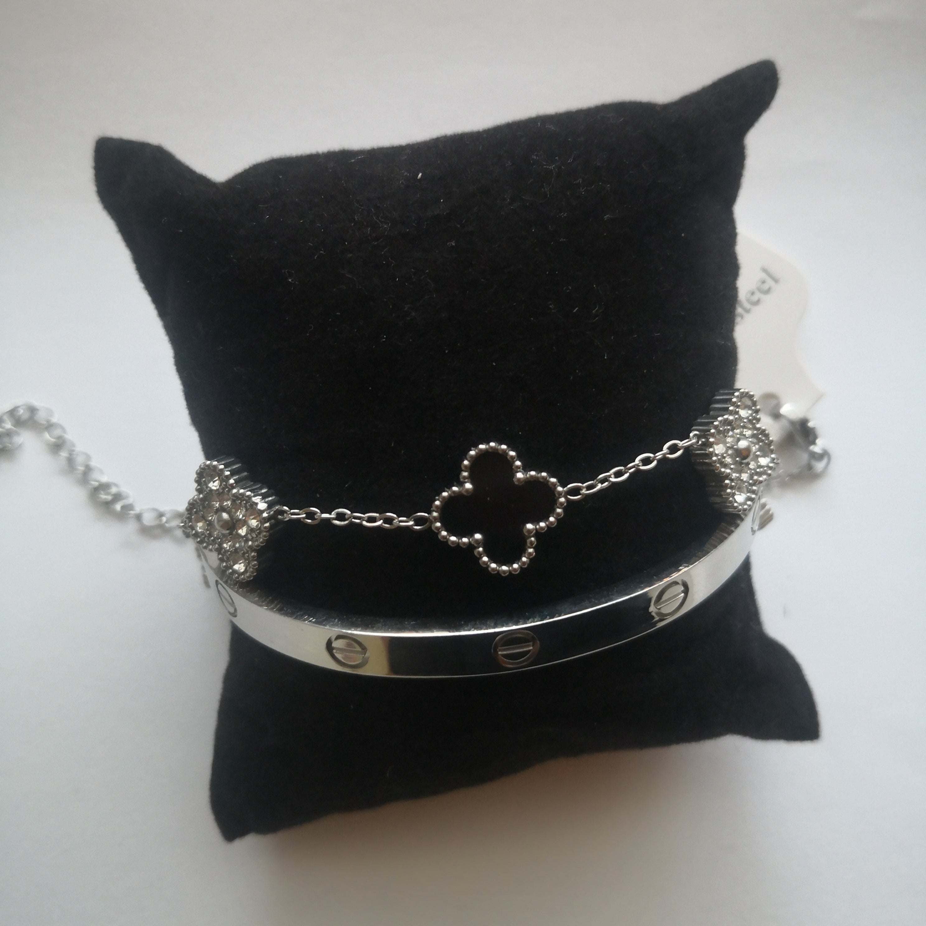 Trendy & Klee Armband – Zilverlook & Zwart met Fonkelende Stenen