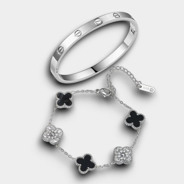 Trendy & Klee Armband – Zilverlook & Zwart met Fonkelende Stenen