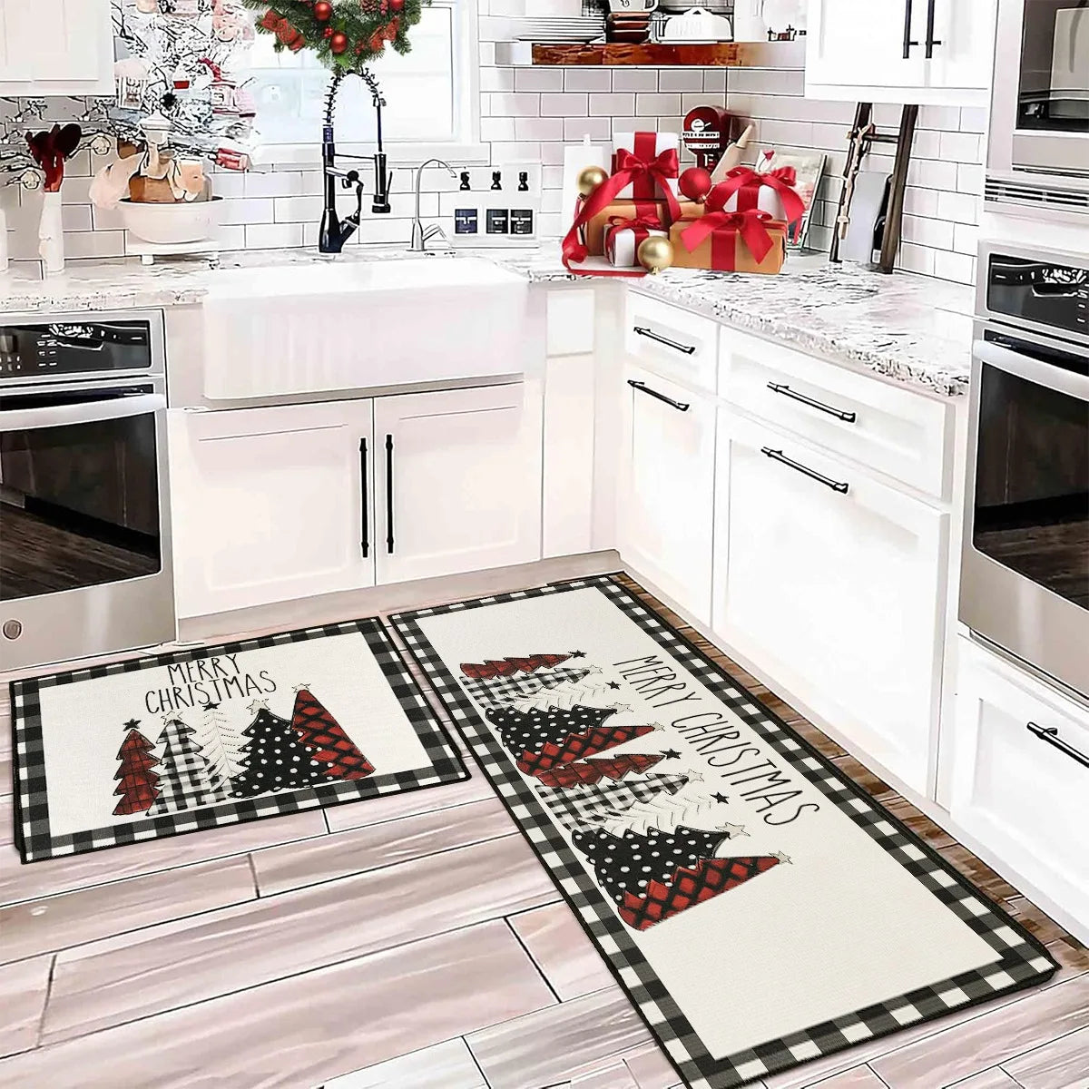 Nordivine Kerstboom vloermat met plaid design – absorberend en antislip