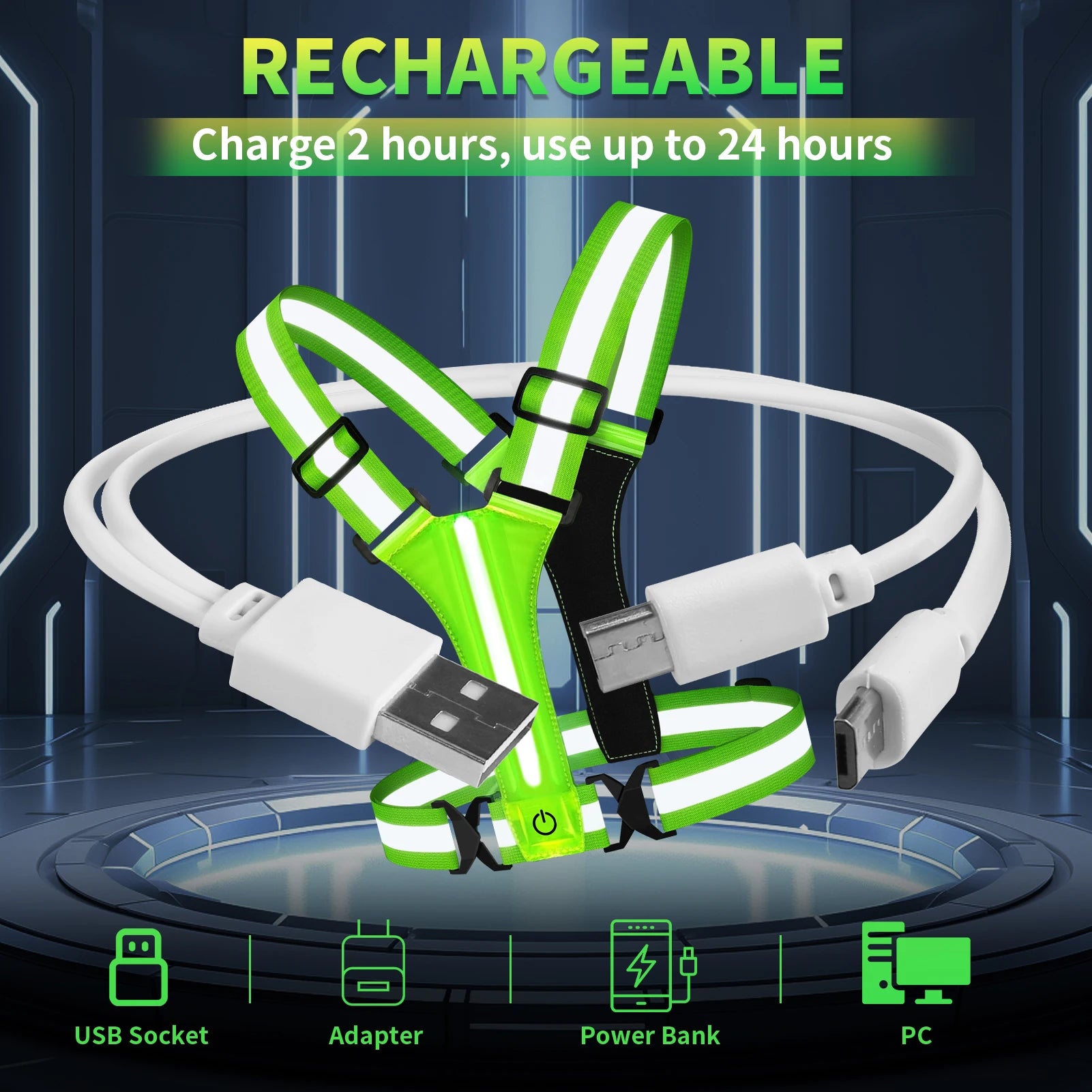 Armilla LED per córrer – Recàrrega, Reflectant, Visible 360°, Unisex